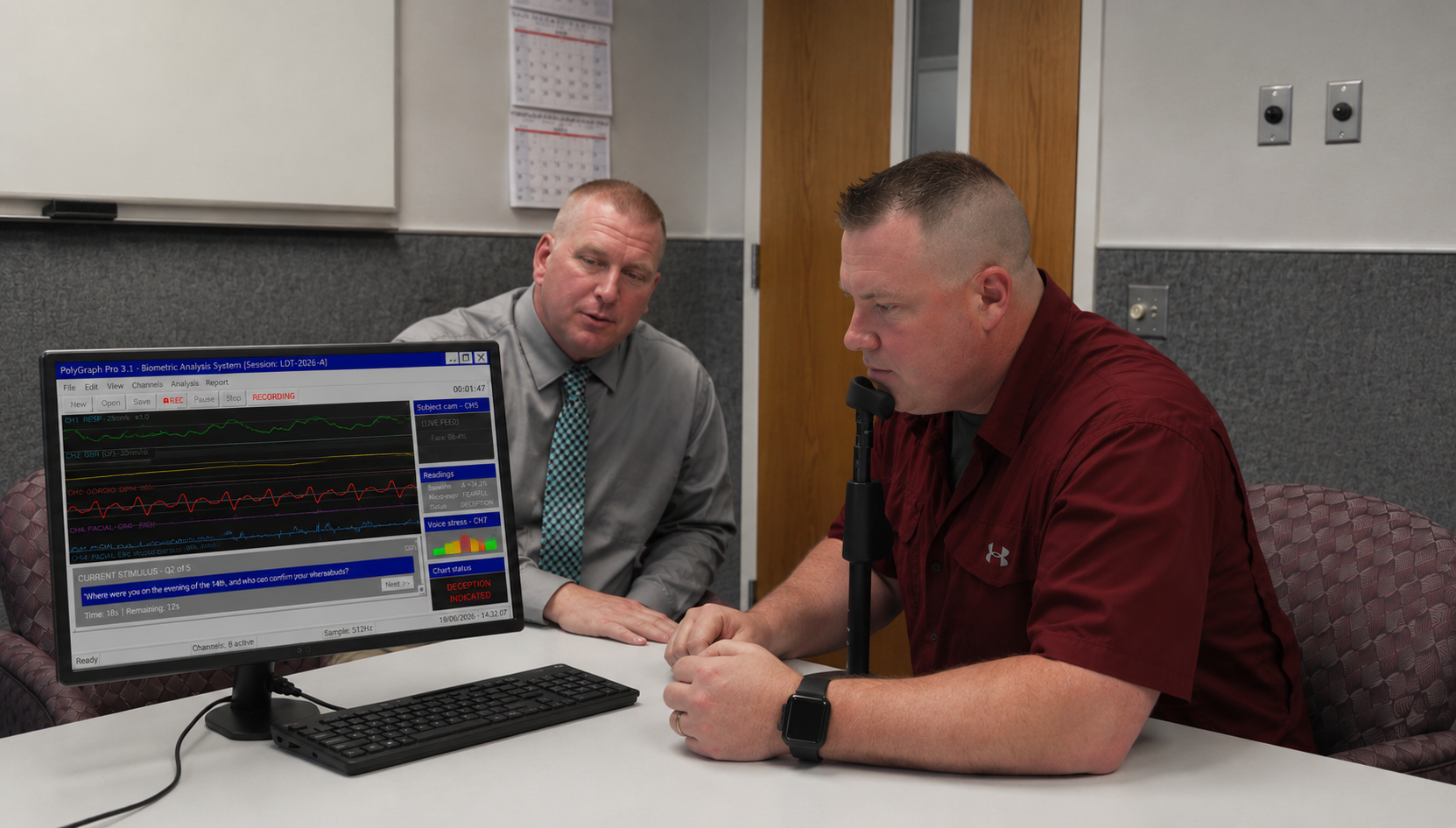 Forensic examiner conducting a live biometric analysis session using PolyGraph Pro 3.1